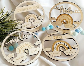 Namensschild mit Geburtsdaten aus Holz , und süßen Regenbogen, personalisiertes Geschenk zur Geburt / Taufe, Kinder Geburtstag, Baby Shower