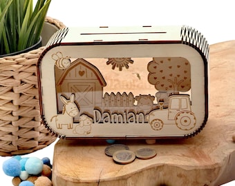 Tractor money box personalized with name, farm, money box, piggy bank, money gift, gift birth, baptism, birthday tractor, cow