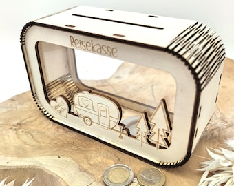 Money box travel fund personalized with name, money gift, piggy bank birthday gift girlfriend wife housewarming gift, camper, camping