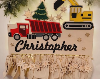 Advent calendar XXL excavator truck made of wood, personalized with desired text and in desired color, gift idea, baby's Christmas, construction site, truck