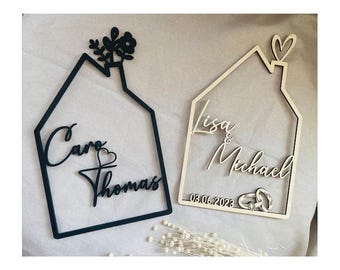 House with name, wooden house personalized, 4 mm wood personalized decoration wall housewarming gift, door sign family, birthday gift wedding