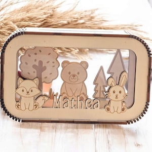 Spardose personalisiert mit Namen, Sparbüchse, Sparschwein, Geldgeschenk, Geschenk zur Geburt, Taufe, Geburtstag, Bär, Hase, Fuchs, Waldtier
