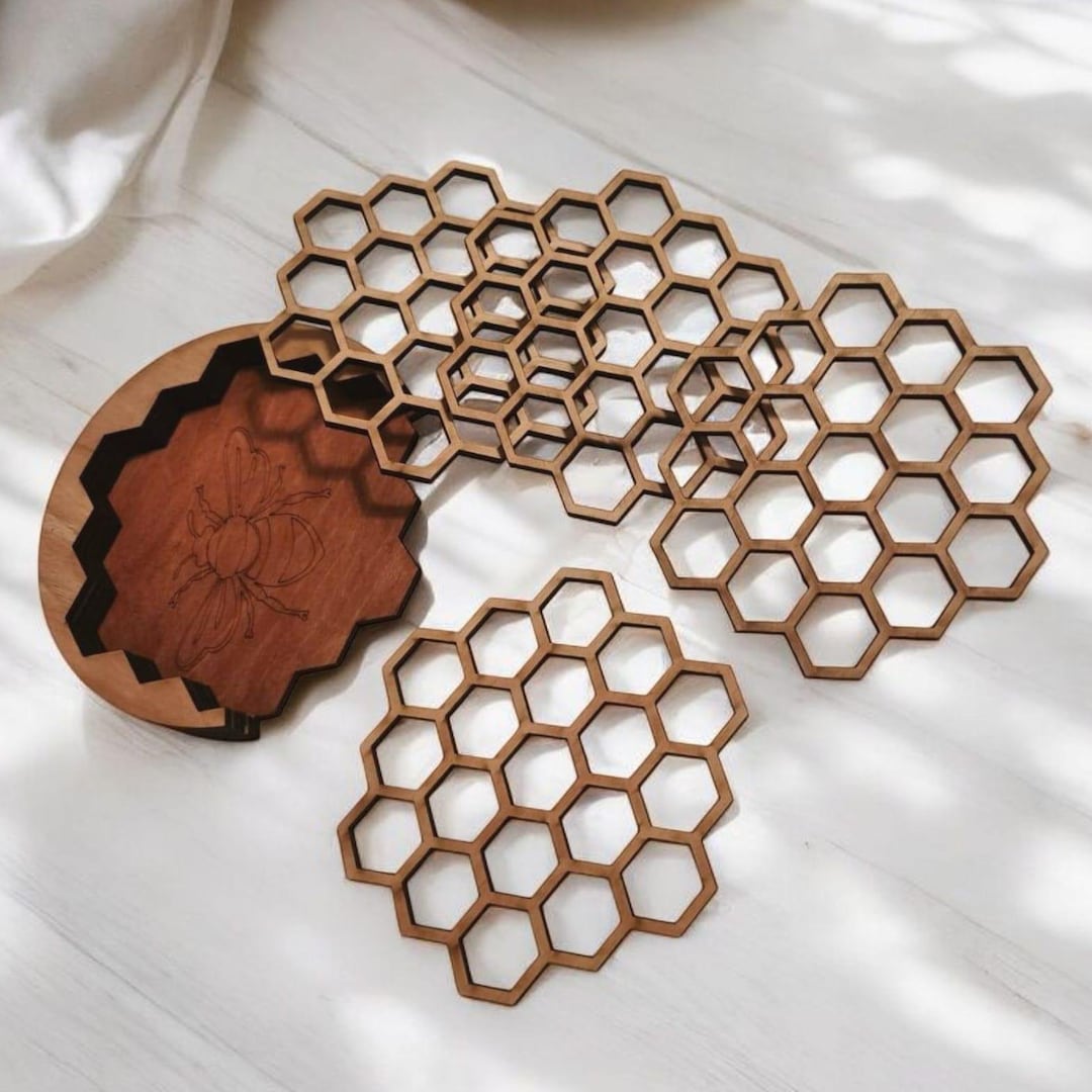 Coaster Set Honeycomb Honeycomb, Including Wooden Holder, Gift Idea Bee ...