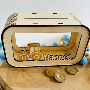 Hucha tractor personalizada con nombre, hucha, alcancía, regalo en efectivo, regalo para nacimiento, bautizo, cumpleaños, tractor