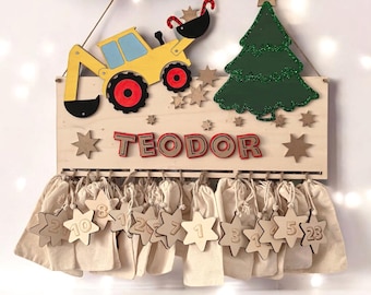 Advent calendar XXL excavator tractor made of wood, personalized with desired text and in desired color, gift idea, baby's Christmas, construction site,