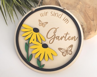 Panneau « Sont/Suis dans le jardin », panneau de porte de la couleur souhaitée, clôture de jardin, décoration de jardin, porte d'entrée, amis du jardin, fleurs