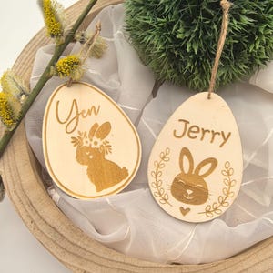 Easter eggs to hang, Easter pendant, personalized Easter gift, Easter gift tag, wooden Easter decoration, Easter bunny, bunny with flowers