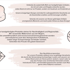 Puede incluir: Un gr&aacute;fico con el texto "lilubi" en un fondo de acuarela rosa y blanco. El texto debajo del logotipo dice: "Entdecke die zauberhafte Welt von handgefertigten Unikaten, die mit viel Liebe und Hingabe entworfen wurden. Jedes St&uuml;ck ist nicht nur ein Produkt, sondern ein Ausdruck von Kreativit&auml;t und Pers&ouml;nlichkeit. Unsere einzigartigen Designs sind ideal f&uuml;r au&szlig;ergew&ouml;hnliche Geschenke und Dekorationen, die Geschichten erz&auml;hlen und Erinnerungen schaffen. Schenke mit unseren von Herzen gefertigten Artikeln unvergessliche Momente und mache jeden Anlass zu etwas Einzigartigem." El texto debajo de eso dice: "Unsere handgefertigten Produkte stehen f&uuml;r Nachhaltigkeit und Regionalit&auml;t. Wir verwenden Materialien aus der Region, die umweltfreundlich und ressourcenschonend gewonnen werden und reduzieren auch den &ouml;kologischen Fu&szlig;abdruck, indem lange Transportwege vermieden werden. Schenken Sie Freude mit gutem Gewissen!" El texto debajo de eso dice: "Das Qualit&auml;tsversprechen f&uuml;r unsere Produkte umfasst eine sorgf&auml;ltige Verarbeitung, die durch die Verwendung hochwertiger Lacke und Lasuren verst&auml;rkt wird. Jedes St&uuml;ck wird von Hand poliert, lackiert, lasiert oder bemalt, was den Farben una intensidad radiante. Los deseos individuales de color y dise&ntilde;o se realizan con gusto sin recargo adicional despu&eacute;s de consultar."