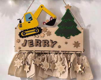 XL wooden excavator tractor advent calendar, personalized with your desired text and color, gift idea, baby's Christmas, construction site theme.