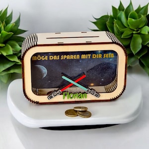 Lightsaber money box personalized with name in desired colors, money box, piggy bank, money gift, gift birth, baptism, birthday