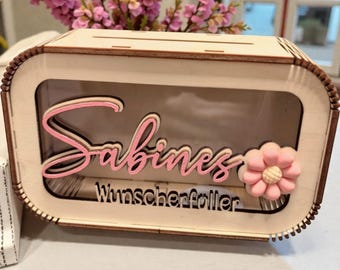 Personalized money box with name & 3D flower in desired color, piggy bank, money box, money gift, birthday present, girlfriend, teenager
