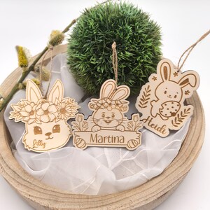 Easter eggs to hang, Easter pendant, personalized Easter gift, Easter gift tag, wooden Easter decoration, Easter bunny, bunny with flowers