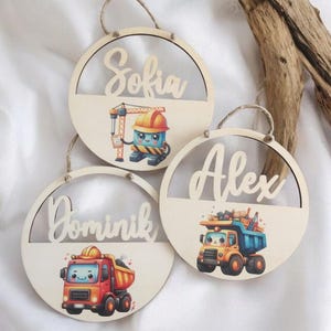 Targa personalizzata per la cameretta dei bambini con escavatore, nei colori desiderati, regalo per battesimo, nascita, compleanno dei bambini, targhetta con nome, cantiere