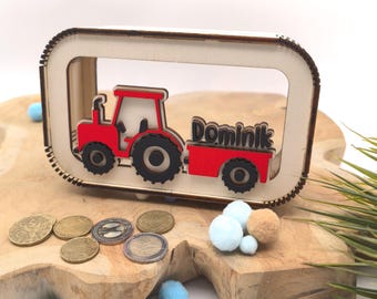 Traktor Spardose personalisiert mit Namen in Wunschfarben, Sparbüchse, Sparschwein, Geldgeschenk, Geschenk Geburt, Taufe, Geburtstag Trecker