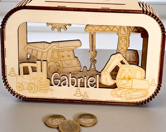 Personalized money box with name, piggy bank, money box, cash gift, gift for birth, christening, birthday, construction site, excavator, crane