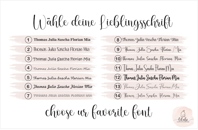 Puede incluir: Un gr&aacute;fico con 14 estilos de fuente diferentes para elegir. El texto dice "W&auml;hle deine Lieblingsschrift" y "choose ur favorite font".