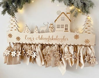 Personalized wooden advent calendar with name, fillable advent calendar, reusable calendar fabric bag, Christmas decoration