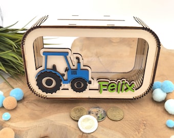 Tractor money box personalized with name in desired colors, money box, piggy bank, money gift, gift birth, baptism, birthday tractor