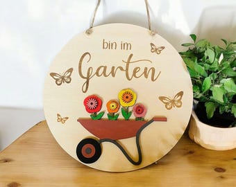 Panneau « Sont/Suis dans le jardin », panneau de porte de la couleur souhaitée, clôture de jardin, décoration de jardin, porte d'entrée, amis du jardin, fleurs