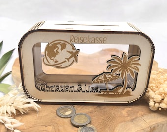 Money box travel fund personalized with name, money gift, piggy bank birthday gift girlfriend wife housewarming gift, airplane sun