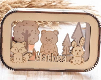 Hucha personalizada con nombre, alcancía, regalo en efectivo, regalo de nacimiento, bautizo, cumpleaños, animales del bosque, ciervo, oso, zorro