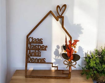 House with name dried flowers wooden house personalized, personalized decoration wall housewarming gift, door sign family, birthday gift