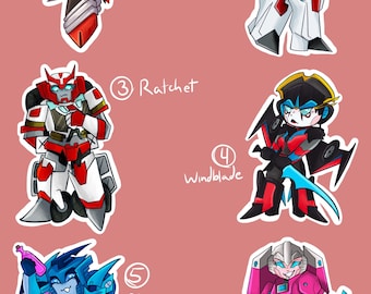 Könnte beinhalten: Sechs illustrierte Aufkleber mit Transformers-Charakteren. Die Charaktere sind Rodimus Prime, Skyfire, Ratchet, Windblade, Blur und Arcee. Jeder Aufkleber hat eine Nummer und den Namen des Charakters.