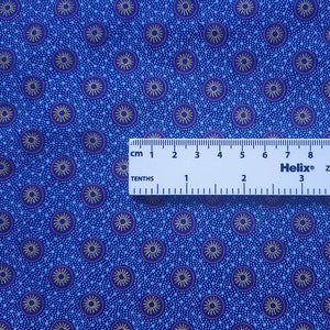 Blue Quilting Fabric, Blue shweshwe fabric by the half metre, Three cats shweshwe Blue Yellow Flakes