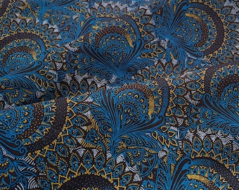 Peacock Shweshwe, Shweshwe sold by the metre, Turquoise and yellow shweshwe fabric