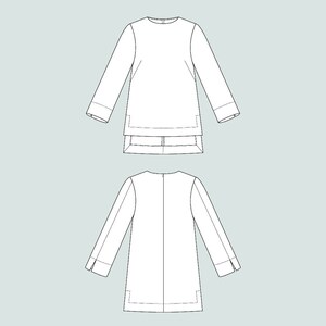 May include: A technical fashion illustration of a long-sleeved tunic shown from the front and back. The garment features a round neckline, straight sleeves with cuffs, and a stepped hemline with a longer back panel and side slits.