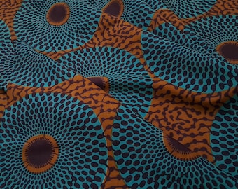 Brown African wax print fabric, Brown and teal Ankara fabric by the yard, 100% cotton