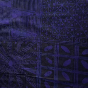 May include: A close-up of a textile with a repeating pattern in shades of dark blue and black. The design features geometric shapes, including triangles, circles, and lines, creating a textured appearance. The fabric appears to be soft and possibly silk.