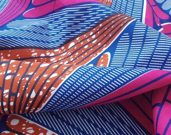 African Print by the Yard, Wax print, Colourful Ankara, Orange pink and blue print, Abstract African fabric, Fan Ankara print