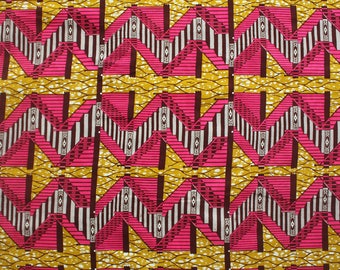 Mustard and Pink Ankara Fabric, Escalator Print fabric by the yard, 100% cotton