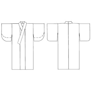 May include: A black and white line drawing of a traditional Japanese kimono, showing both the front and back views.