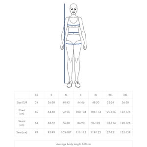May include: Size chart for clothing with measurements in inches and centimeters. The chart shows sizes from XS to 3XL, with corresponding chest, waist, and seat measurements.