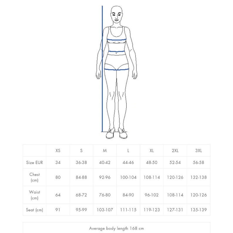 May include: Size chart for clothing with measurements in inches and centimeters. The chart shows sizes from XS to 3XL, with corresponding chest, waist, and seat measurements.