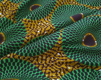 Classic Ankara fabric, Record Ankara Fabric by the yard, Green and Mustard African wax print, Circle print fabric, Nsu Bura Ghana Print