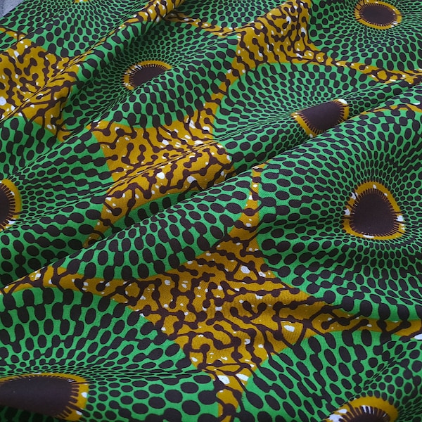 Klassieke Ankara-stof, Record Ankara-stof op maat gesneden, Groene en Mosterd Afrikaanse waxprint, Cirkelprintstof, Nsu Bura Ghana Print