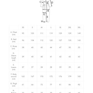 May include: Size chart for a jumpsuit with measurements in centimeters for chest, seat, bicep, sleeve length, inseam, body around, thigh, and bottom leg.