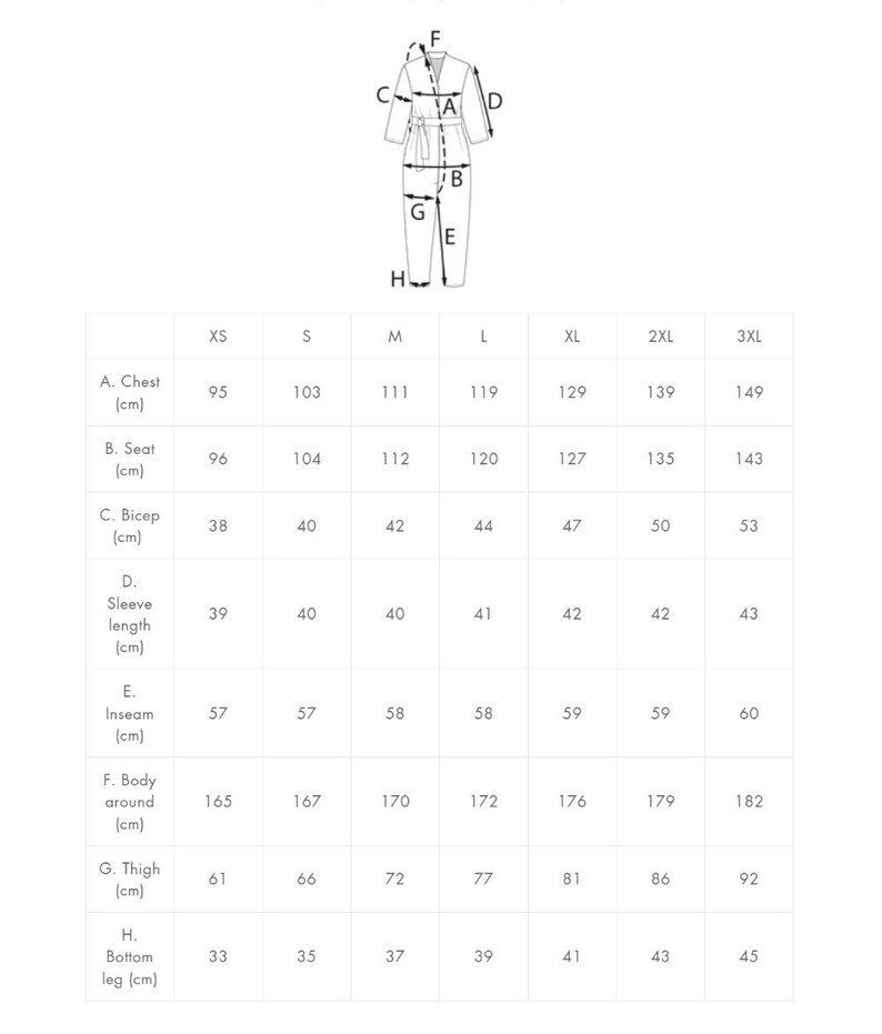 May include: Size chart for a jumpsuit with measurements in centimeters for chest, seat, bicep, sleeve length, inseam, body around, thigh, and bottom leg.