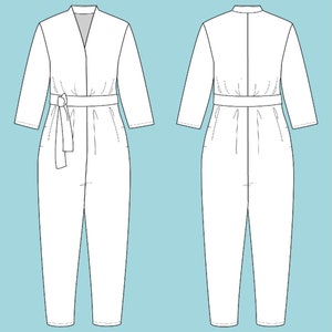 May include: A white jumpsuit with long sleeves and a V-neckline. The jumpsuit has a tie belt at the waist and pockets on the front.