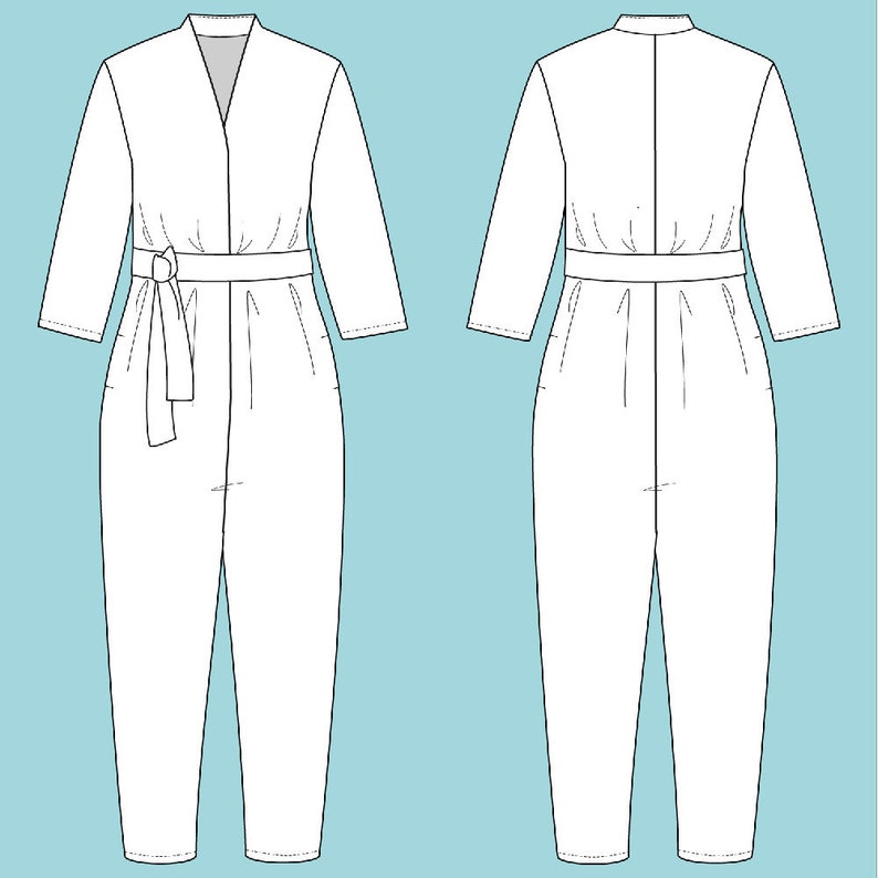 May include: A white jumpsuit with long sleeves and a V-neckline. The jumpsuit has a tie belt at the waist and pockets on the front.