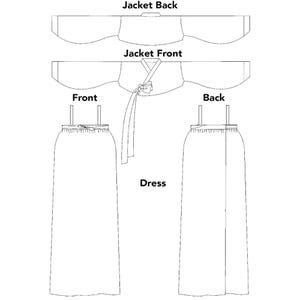 May include: A black and white line drawing showing a jacket and a dress. The jacket is displayed from the back and front, featuring long sleeves and a tie closure. The dress is shown from the front and back, featuring thin shoulder straps.