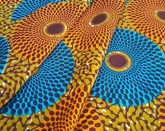 Large circle fabric, Ankara fabric by the yard, Disc Ankara, Ghana print, Dressmaking Fabric, Nsu Bura, Mustard and Turquoise print fabric