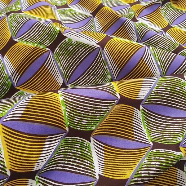Lavender and Yellow Swirl Ankara Wax Print Fabric with Abstract Design