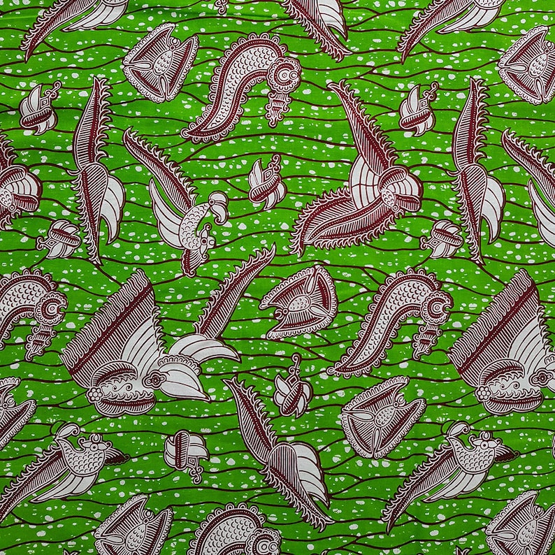 Tropical Seed Pod Design Fabric – Green and Red Motif on Black Ankara Wax Print main image 1