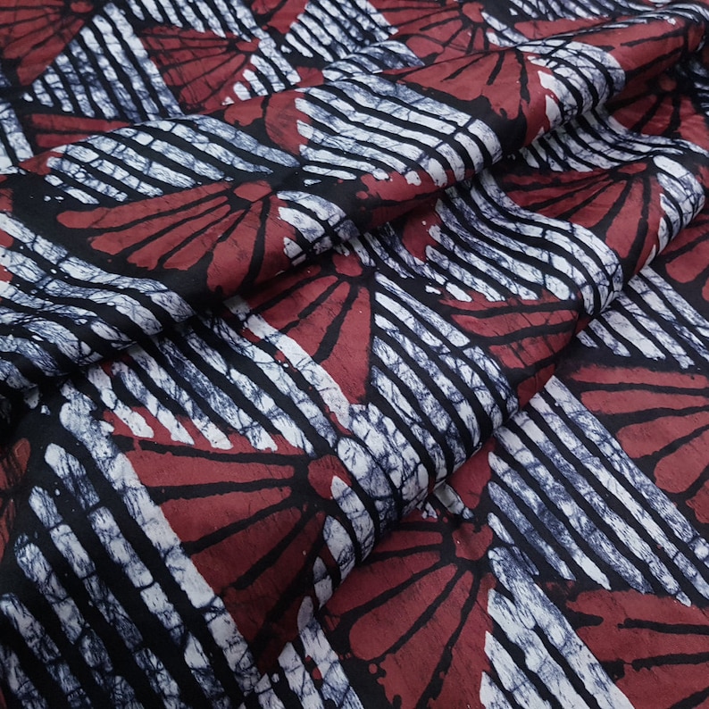 African Batik Fabric, Red and Black Batik, Nigerian Adire, 4.8 Yard Length image 1