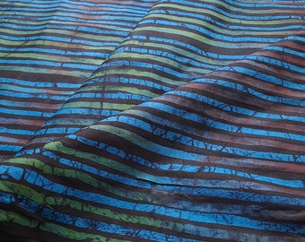 Indigo Green and Turquoise Lines Batik, Hand-dyed Nigerian Adire, 2.4 Yards, African Batik