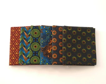 Shweshwe Fat Quarter Bundle, 6 Fat Quarters, African Print Fat Quarters, Black Orange and Turquoise Fat Quarters